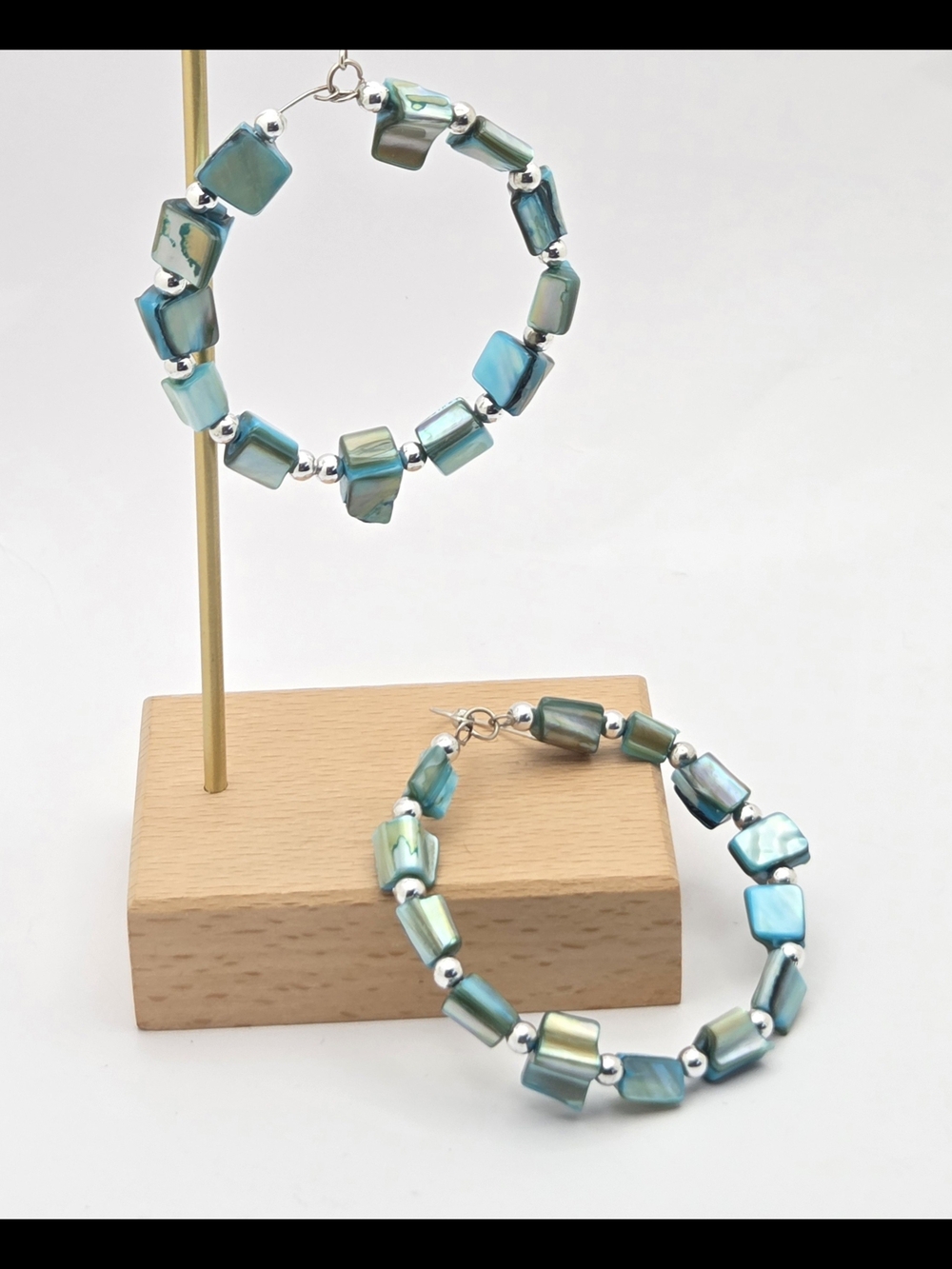 Iridescent Blue Teal Shell Hoop Earrings Silver Tone Beaded Statement Wire Hoops